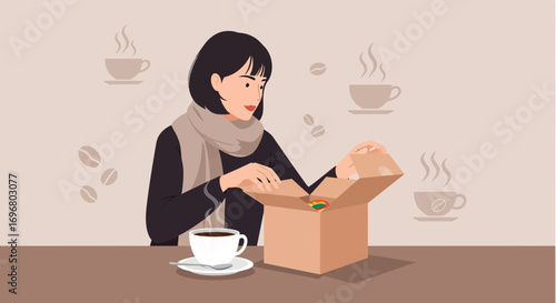 Woman Opens a Box with Coffee Supplies and a Warm Beverage is Served and Ready