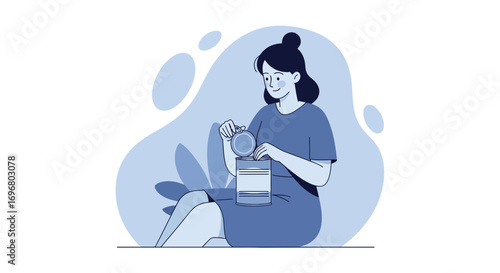 Woman Opening Can of Food Illustration in Flat Blue Tones for Dietary and Nutritional Concepts
