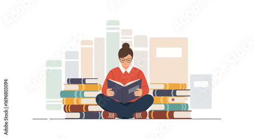 Thoughtful Reader Immersed In Literature Surrounded By Stacks Of Hardcover Books