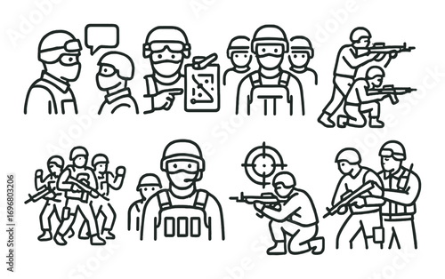 Military training sketches of soldiers with gear and weapons in tactical scenarios