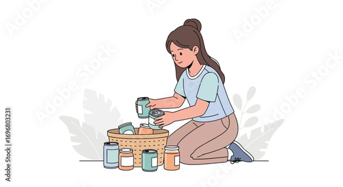Woman Organizing Preserved Goods for Pantry Storage in Cozy and Stylish Arrangement