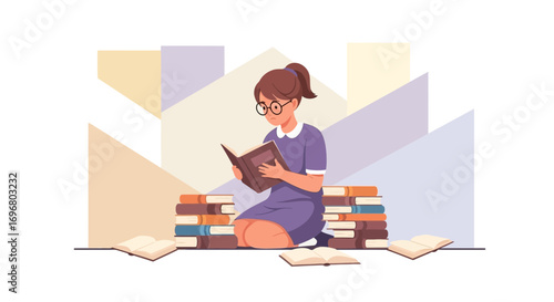 Thoughtful Young Lady Engaged in Reading an Engaging Book with Stacks of Books Nearby