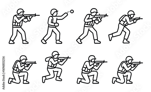 Vector icons of soldiers: combat poses and weapon handling