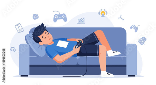 Tired Gamer Relaxing After Intense Video Game Session, Sleeping With Controller
