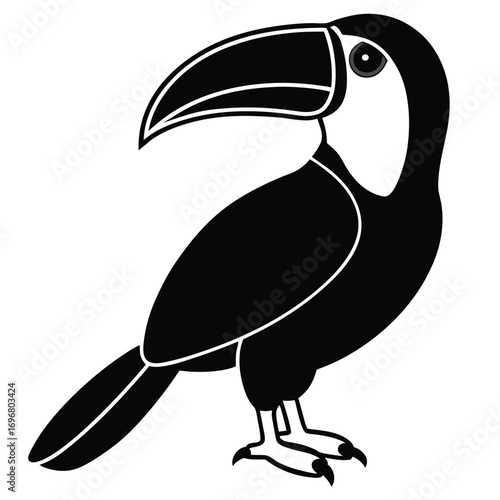 Black and white silhouette of a toucan bird with a large beak on a white background animal