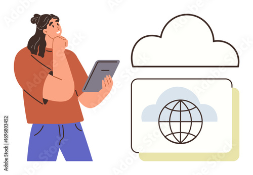 Person holding a tablet, thinking, alongside cloud and globe imagery. Ideal for cloud computing, global connection, remote work, technical innovation, digital storage, modern technology simple flat