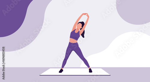 Woman Performing Athletic Stretches And Exercise Routine, On A Simple Design Background