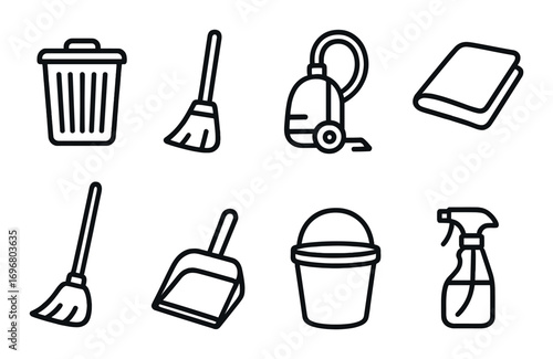 Cleaning equipment icons set on black background