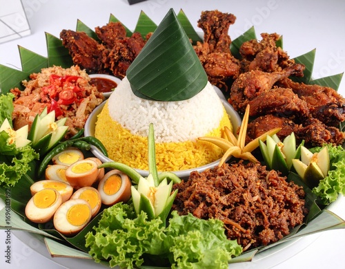 Traditional Indonesian Rice Tumpeng with many topping like egg, vegetables, tempeh, chicken, chili, sambal, cucumber, noddle, yellow rice and make mountain shape in the middle with banana leaf as base