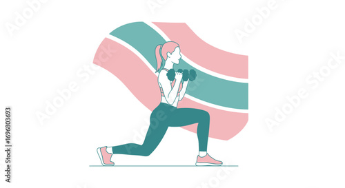 Woman Performing Lunges Exercise with Dumbbells in Colorful Minimalist Illustration Design
