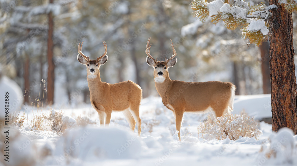 Fototapeta premium two majestic deer gracefully standing in snowcovered landscape surrounded by tall evergreen trees