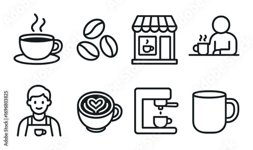 Coffee icons: espresso, barista, cafe, coffee beans, mug, cappuccino, coffee machine