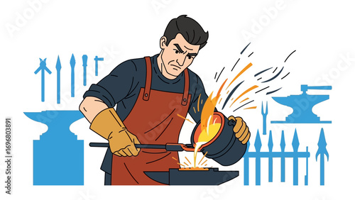 Blacksmith at Work: A skilled blacksmith, focused and determined, pours molten metal onto an anvil, embodying the timeless craft of metalworking.