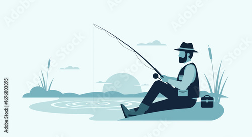 Tranquil Angler Enjoys Solitude Casting Rod At Lake In Minimalist Illustration Style