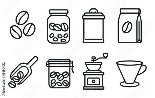 Coffee icons: beans, jars, grinder, and cup on rustic brown background