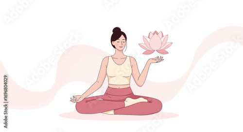 Tranquil Woman Meditating, Cultivating Serenity While Holding a Lotus Blossom Thoughtfully