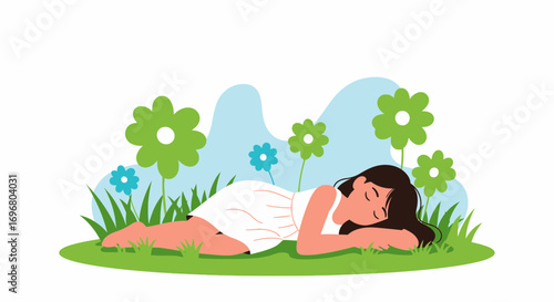 Tranquil Woman Resting Peacefully Amidst Floral Meadow and Lush Greens