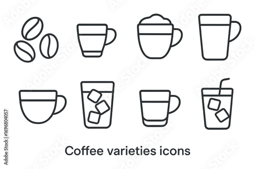 Line art coffee varieties icon set: espresso, cappuccino, latte, cold brew