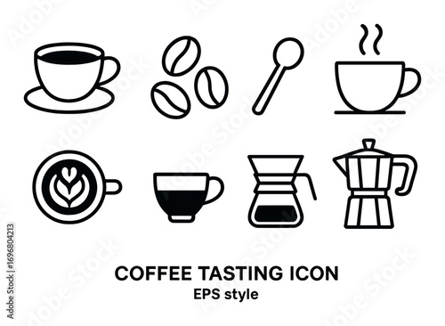 Coffee tasting icons set: cups, beans, brew equipment, and steaming mugs