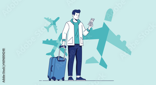 Traveling Man Checking Flight Ticket With Suitcase Preparing for Flight Journey