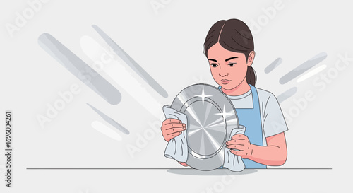 Woman Polishing Shining Silver Plate, A Clean Kitchen Domestic Task Cleaning Action