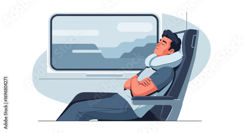 Traveling Passenger Comfortably Napping With Neck Pillow On Train, Transportation Concept