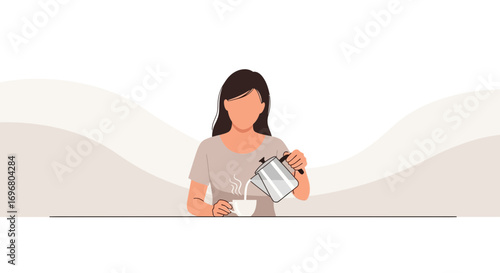 Woman Pouring a Hot Beverage From a Kettle Into a Cup for Morning Relaxation