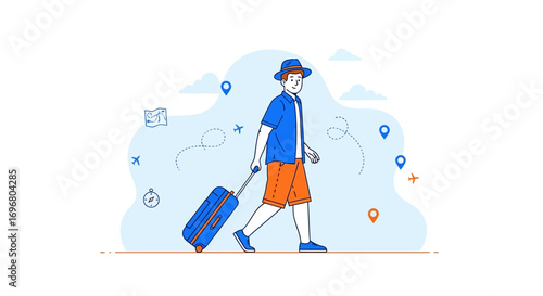 Traveling Traveler with Hat and Luggage Embarking on Journey with Navigation Elements