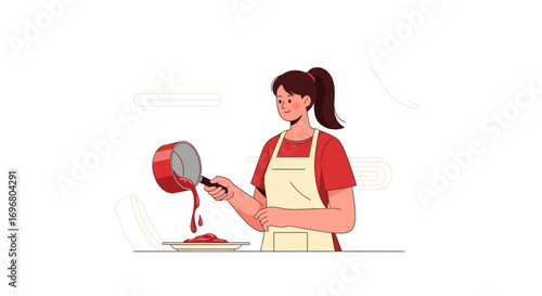 Woman Pouring Delicious Sauce Into a Plate During Cooking Process in Kitchen Scene