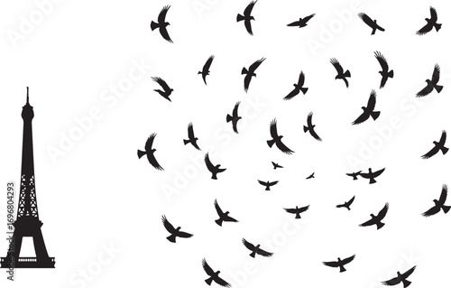 Black silhouette of Eiffel Tower with flock of birds flying around paris france 1