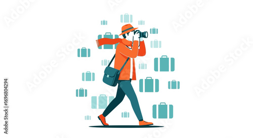 Traveling Photographer Capturing Imagery Amidst Suitcases Vector Illustration