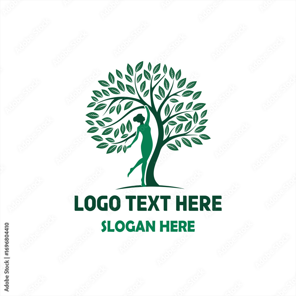 Obraz premium Nature Wellness Logo – Woman with Tree and Leaves Vector Illustration