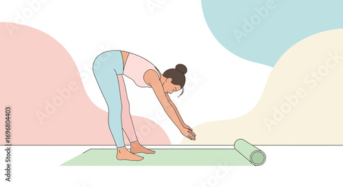 Woman Practices Forward Bend Yoga Pose On A Simple Green Mat For Healthy Lifestyle