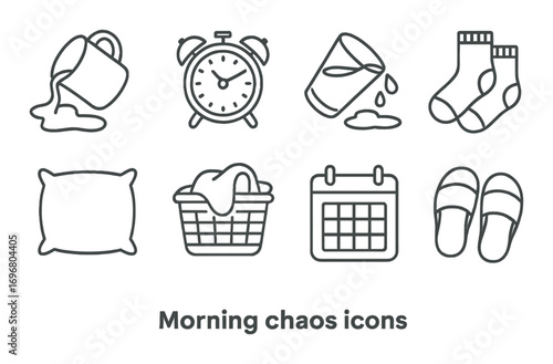 Morning chaos icons: coffee, alarm, water, socks, pillow, laundry, calendar, slippers