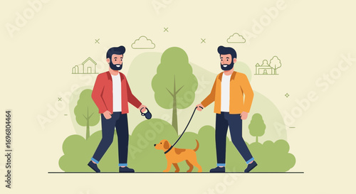 Two Men Walking Dog In Park Surrounded By Greenery, Fun Activity, Happy Companionship