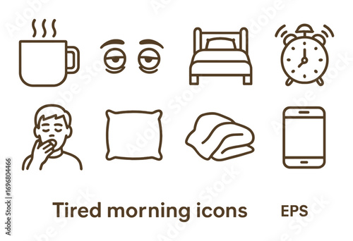Tired morning icons set with coffee, bed, pillow, blanket, and alarm clock