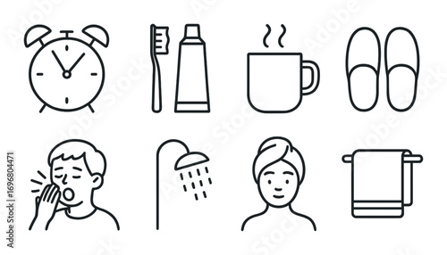 Daily morning routine icons featuring hygiene and relaxation symbols