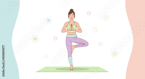 Woman Practices Yoga Tree Pose with Calmness and Balance in Minimalist Design