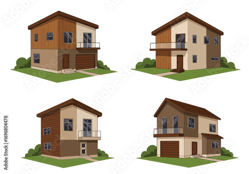 Four modern houses with different designs and colors isolated on white background, showcasing architectural diversity and contemporary residential styles
