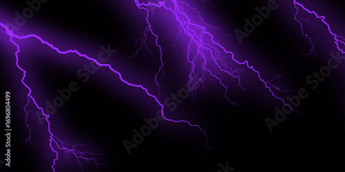 Lightning bolt or electric thunderbolt strikes in a stormy and cloudy purple night sky isolated on a dark background. Lightning and clouds in the night storm. Abstract Watercolor Vector purple, black.