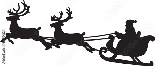 Black silhouette of Santa Claus riding a sleigh pulled by two reindeer against a white background Christmas