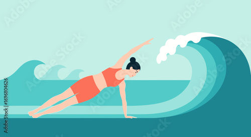 Woman Practicing Yoga Pose With A Big Ocean Wave In The Background