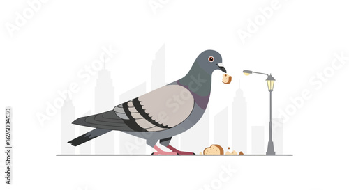 Urban Pigeon Enjoying Lunch Near a Lamp Post with City Skyline in Background