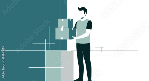 Vector Illustration Depicting Delivery Man Holding Boxes, Modern Color Palette