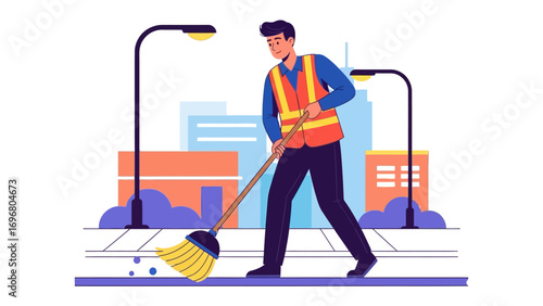 City Cleaner at Work: An animated cleaner sweeping a city street, symbolizing essential labor and civic responsibility. Depicting a crucial role in keeping a community clean and orderly.