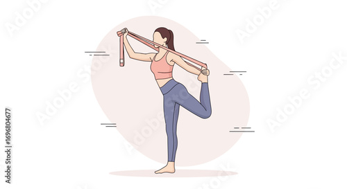 Woman Practicing Yoga Using Strap for Stretching, Healthy Lifestyle Illustration