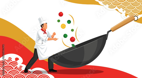 Vibrant Chef Masterfully Manipulates Ingredients in Wok Creating Culinary Spectacle Illustrated
