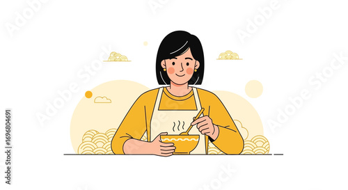 Woman Prepares Asian-Inspired Culinary Dish, A Simple Illustration Of Everyday Activities
