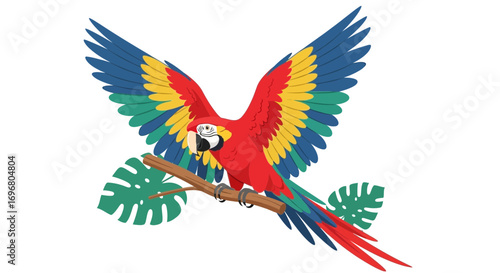 Vibrant Parrot Displaying Wingspan Perched On Branch With Tropical Foliage