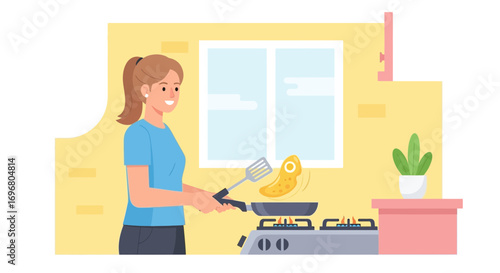 Woman Preparing Breakfast Pancakes In Sunny Kitchen, Cooking Food, Morning Routine